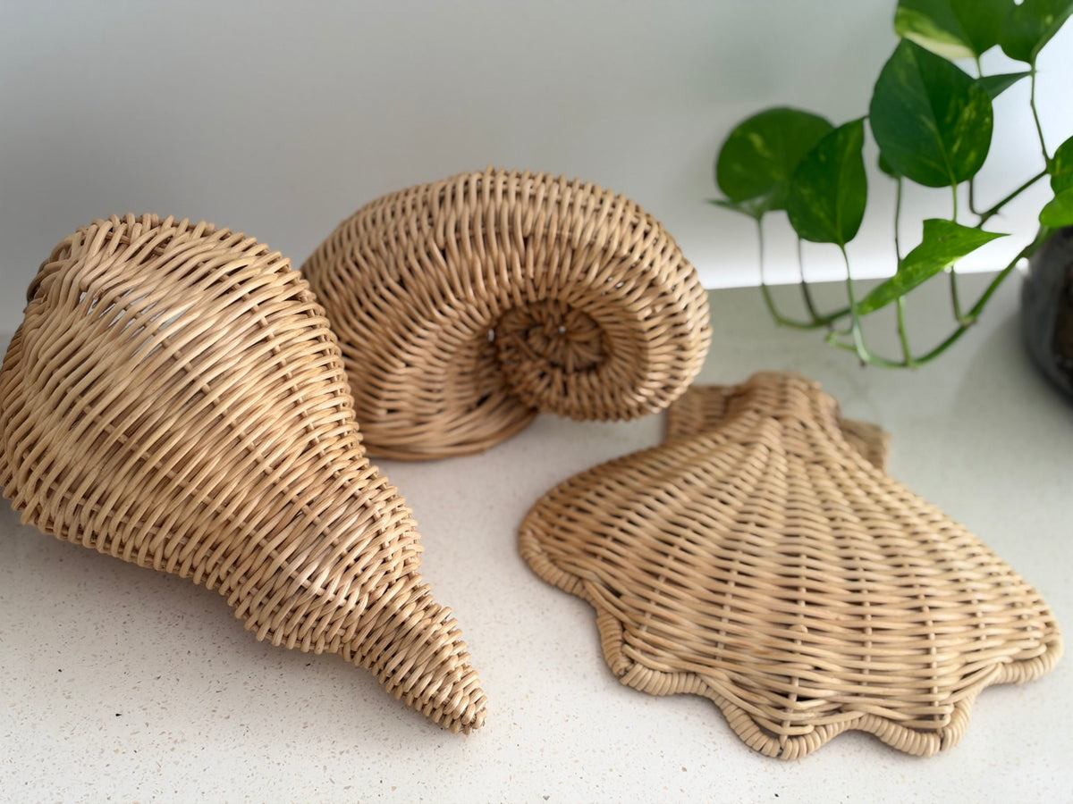 Coastal Rattan Shell Sculptures – Set of 3
