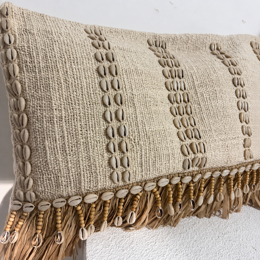 Sundara Cowrie Shell Raffia Cushion – 50 × 30cm