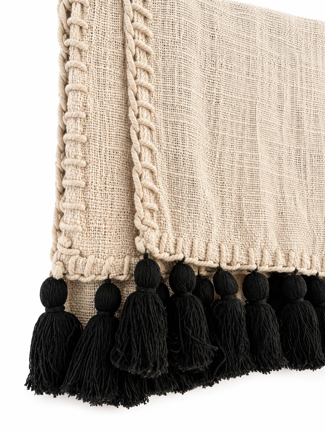 Sumba Tassel Throw| Handcrafted Natural Woven Throw with Black Tassels