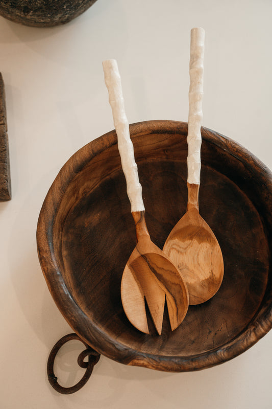 Handcrafted Wooden & Pearl Styled Salad Servers