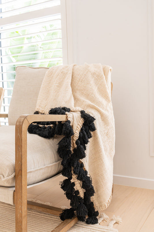 Sumba Tassel Throw| Handcrafted Natural Woven Throw with Black Tassels