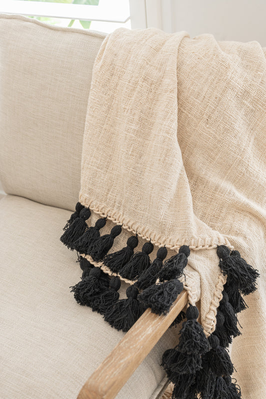 Sumba Tassel Throw| Handcrafted Natural Woven Throw with Black Tassels