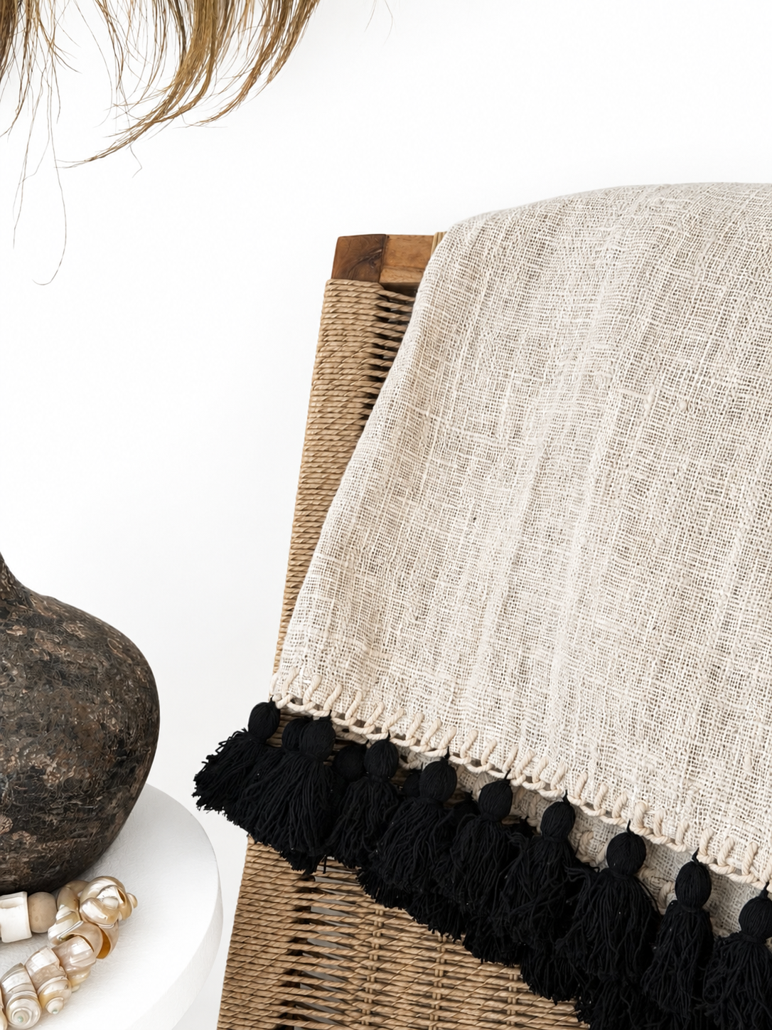 Sumba Tassel Throw| Handcrafted Natural Woven Throw with Black Tassels