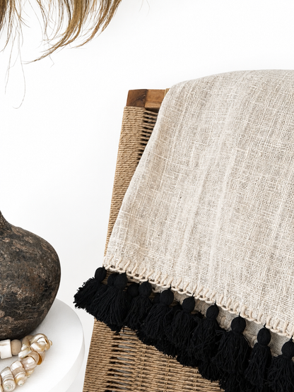 Sumba Tassel Throw| Handcrafted Natural Woven Throw with Black Tassels