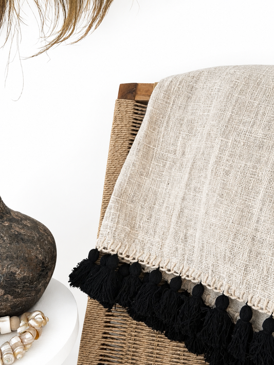 Sumba Tassel Throw| Handcrafted Natural Woven Throw with Black Tassels