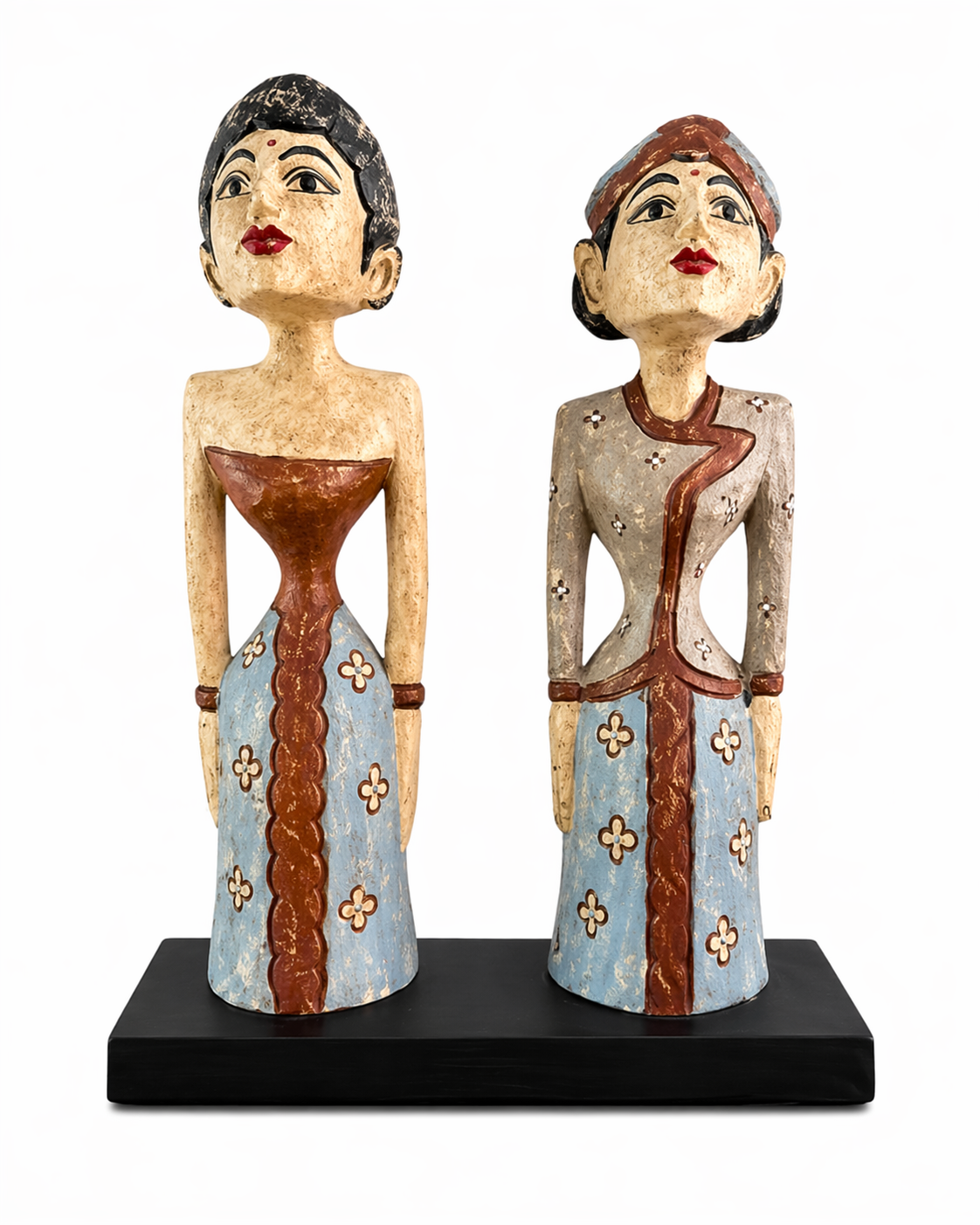 Hand-Carved Balinese Couple Statues – Vintage Blue & Terracotta