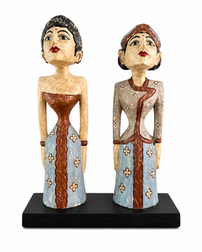 Hand-Carved Balinese Couple Statues – Vintage Blue & Terracotta