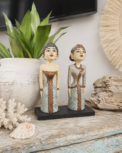 Hand-Carved Balinese Couple Statues – Vintage Blue & Terracotta