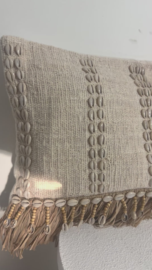 Sundara Cowrie Shell Raffia Cushion – 50 × 30cm